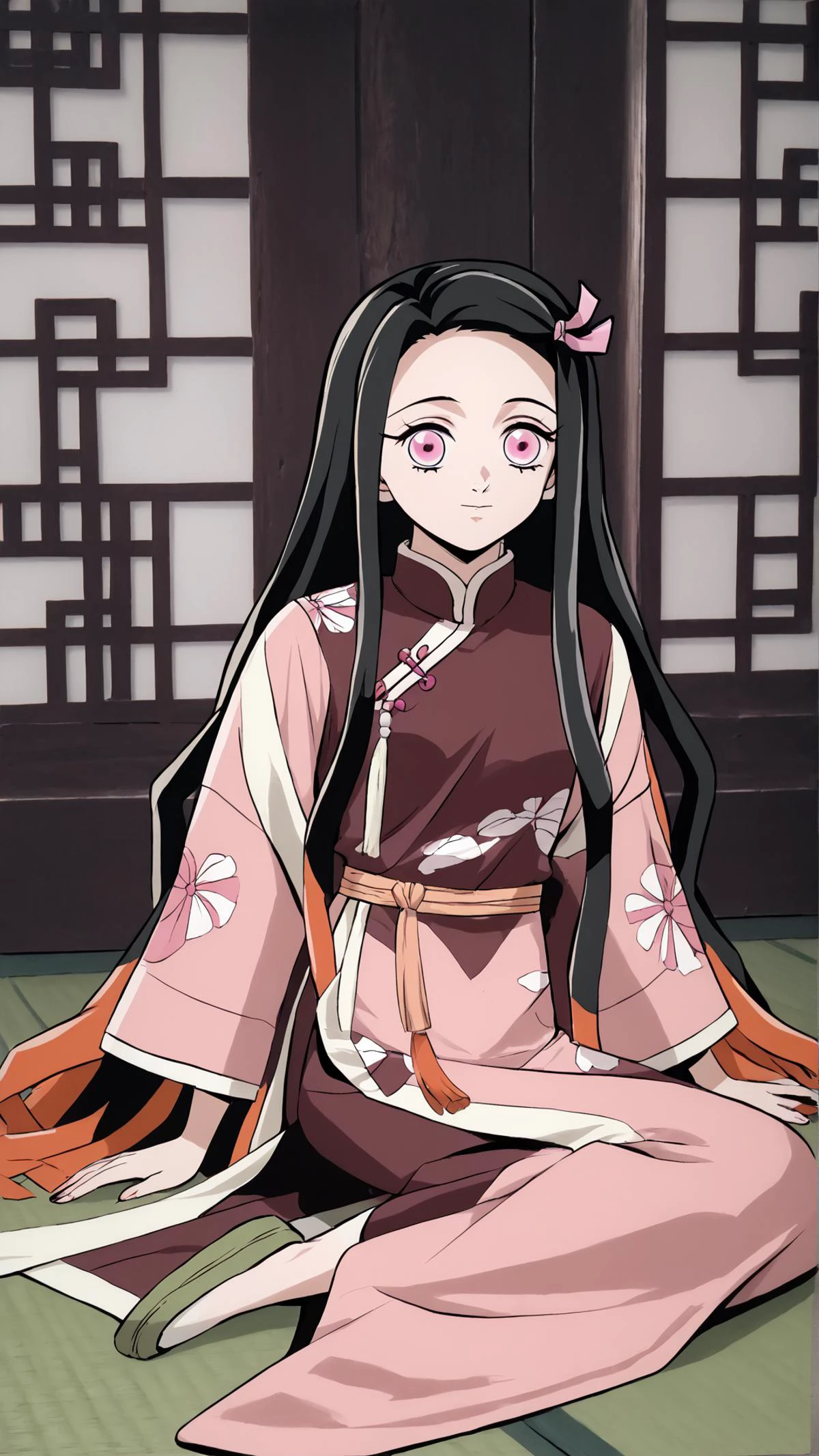 <lora:edgQingChaoPonyv1:0.5> qingchao, a woman in a traditional chinese dress poses for a picture, woman wearing a qingchao dress, qingchao haircut, qingchao scarf, chinese temple, <lora:NezukoPony_v2_1:0.7> kamado nezuko, 1girl, black hair, pink eyes, magenta pupils, pink hair ribbon, two-tone hair, wariza, sitting,, score 9, score 8 up, score 7 up, score 6 up, score 5 up, score 4 up, BREAK,