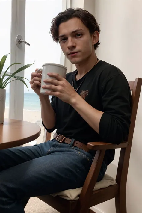 tomholland person,<lora:tomholland_22500:1>,holding cup of coffe, sitting