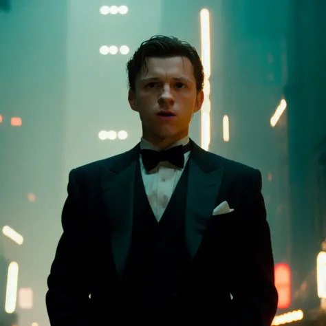 RAW full body portrait of tomholland person wearing a tuxedo, professional photography, in blade runner, high resolution, 4k, 50mm, vaporwave, photo by Brooke Shaden,  <lora:tomholland_6150:1>