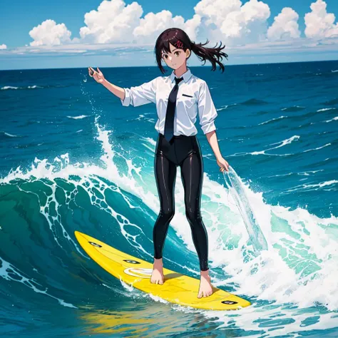 <lora:surfing-103-8:0.3> sfg103, 
1girl, barefoot, water, ocean, surfing, surfboard, 
swimsuit, 
<lora:KobeniV1-000019:0.9>, kobeni, brown eyes, white collared shirt, necktie, black pants, 
best quality, masterpiece, ultra detailed, 1girl,
