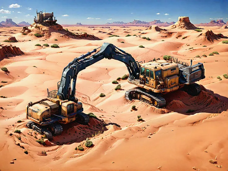 old excavator buried in sand, post-apocalyptic desert, sand dunes, hyper realistic, masterpiece, best quality, ultra detailed, <lora:xl_more_art-full_v1:1>, <lora:2d_game_scence:0.6>, desert scene, landscape, 2d game scene