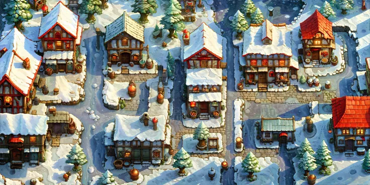 <lora:sdxl-2d-game-scene-generator:0.8> town scene,heavy snow, nature light,Fantastic light and shadow,top down 2d game,2d game scene