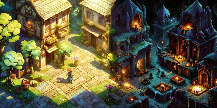 <lora:sdxl-2d-game-scene-generator:0.8> <region:0:1024:1024:2048:15.0:0.3_L:dark cultist enclave, fetid fog, burning torches, dark night> town scene, cheerful spring, fluttering butterflies, blossoming flowers, nature sunlight, Fantastic light and shadow, top down 2d game, 2d game scene