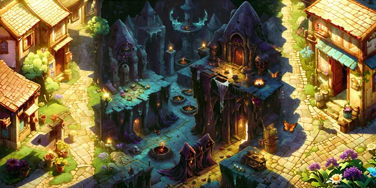 <lora:sdxl-2d-game-scene-generator:0.8> <region:0:512:1024:1536:15.0:0.3_LR:dark cultist enclave, fetid fog, burning torches, dark night> town scene, cheerful spring, fluttering butterflies, blossoming flowers, nature sunlight, Fantastic light and shadow, top down 2d game, 2d game scene