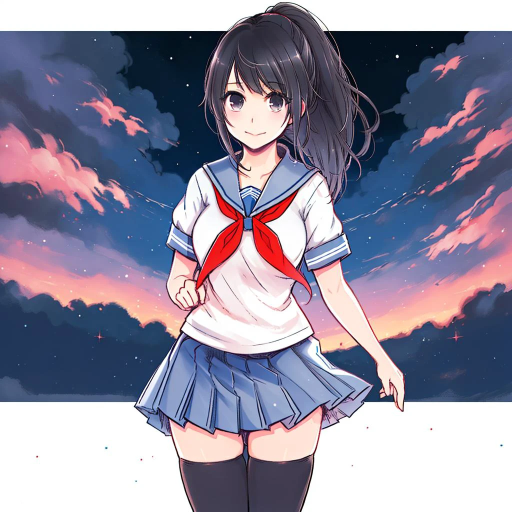 masterpiece, best quality, mature female, solo, 1girl, ayano, black_hair, grey_eyes, ponytail, school_uniform, thighhighs, looking at viewer, delicate, light smile, <lora:AyanoV1:0.6>, serafuku, blue sailor collar, white sailor shirt, red neckerchief, short sleeves, blue pleated skirt, black shoes, <lora:oshinoko_style_v1.1:0.6>, oshinoko, night sky, <lora:Heart_Shaped_Cleavage:0>
