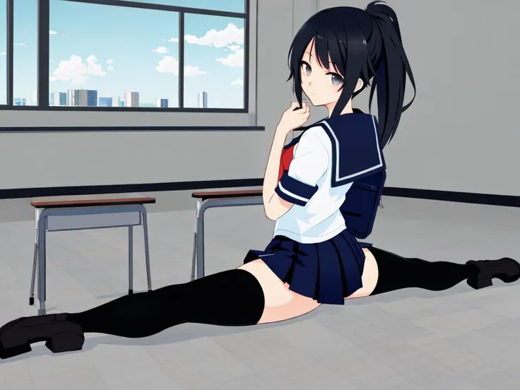 masterpiece, best quality, 1girl, solo, from back, full body, classroom background,, 1girl, ayano, black_hair, grey_eyes, ponytail, school_uniform, thighhighs, <lora:AyanoV1:0.75>, split, spread legs, <lora:splitSitting:1>