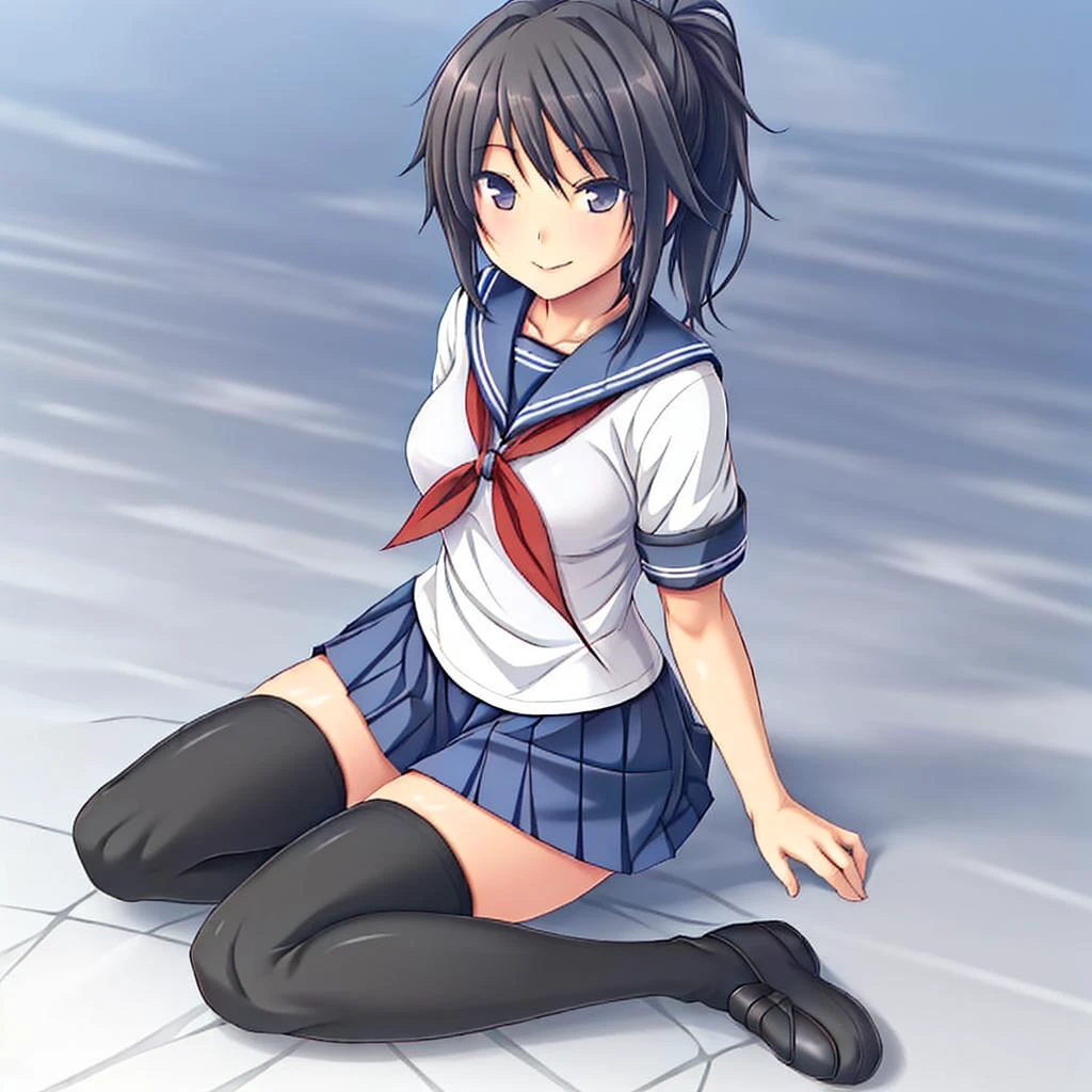 masterpiece, best quality, mature female, solo, 1girl, ayano, black_hair, grey_eyes, ponytail, school_uniform, thighhighs, looking at viewer, delicate, light smile, <lora:AyanoV1:0.6>, serafuku, blue sailor collar, white sailor shirt, red neckerchief, short sleeves, blue pleated skirt, black shoes, <lora:koku-000010:0.5>, koku<lora:Heart_Shaped_Cleavage:0>