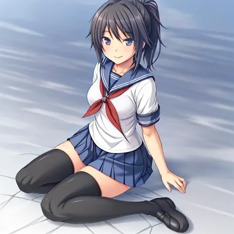 masterpiece, best quality, mature female, solo, 1girl, ayano, black_hair,  grey_eyes,  ponytail, school_uniform, thighhighs, looking at viewer, delicate, light smile,  <lora:AyanoV1:0.6>, serafuku, blue sailor collar, white sailor shirt, red neckerchief, short sleeves, blue pleated skirt, black shoes,   <lora:koku-000010:0.5>, koku<lora:Heart_Shaped_Cleavage:0>