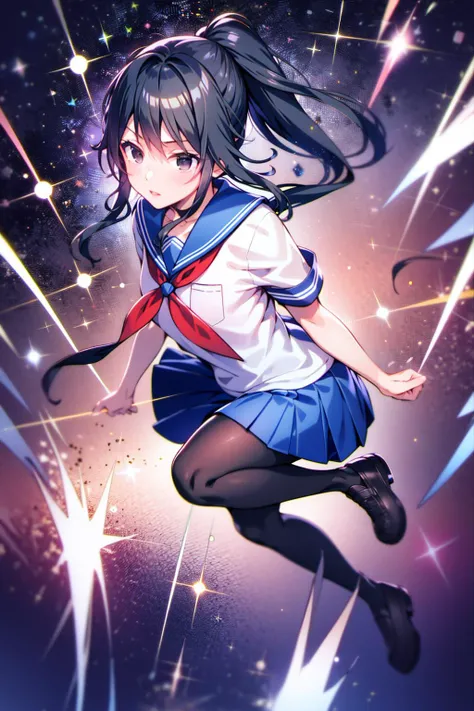 masterpiece, best quality, 1girl, <lora:ayano:0.75>, ayano,
high ponytail, black hair, black eyes, school uniform, serafuku, blue sailor collar, white sailor shirt, red neckerchief, short sleeves, blue pleated skirt, black thighhighs, black shoes,
floating, full body, particles, sparkles, stars,