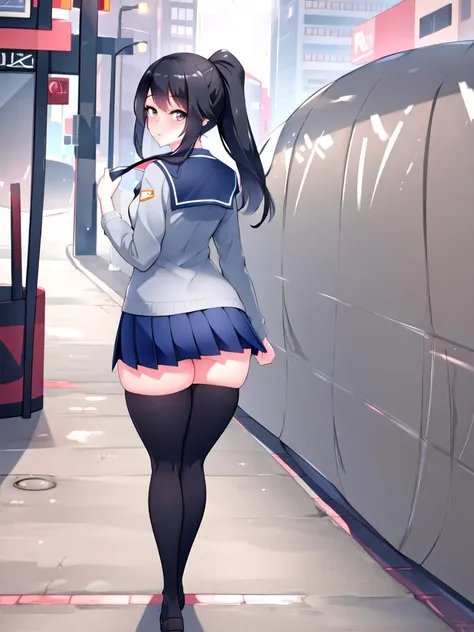 masterpiece, best quality, detailed, 1girl, solo, public place background, thick thighs, thigh gap, from back, walking,, 1girl, ayano, black_hair, grey_eyes, ponytail, school_uniform, thighhighs, <lora:AyanoV1:0.75>, , <lora:Kuavera-Style:1>,
