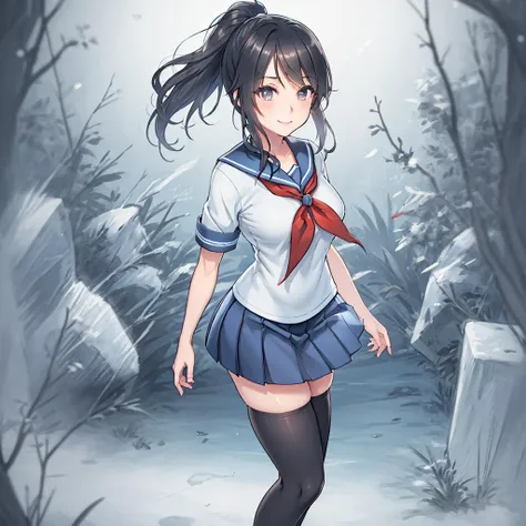 masterpiece, best quality, mature female, solo, 1girl, ayano, black_hair,  grey_eyes,  ponytail, school_uniform, thighhighs, looking at viewer, delicate, light smile,  <lora:AyanoV1:0.6>, serafuku, blue sailor collar, white sailor shirt, red neckerchief, short sleeves, blue pleated skirt, black shoes <lora:in_ice_cube:0.5>, in ice cube, frozen<lora:Heart_Shaped_Cleavage:0>