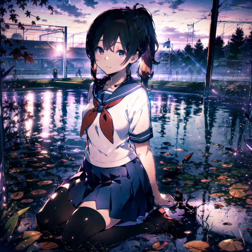 Masterpiece, best quality, solo, 1girl, mature female, <lora:AyanoV1:0.7>, Ayano, high ponytail, black hair, black eyes, school uniform, serafuku, blue sailor collar, white sailor shirt, red neckerchief, short sleeves, blue pleated skirt, black thighhighs, black shoes, looking at viewer, glossy lips, autumn, fall leaves, twilight, purple sky, light blush