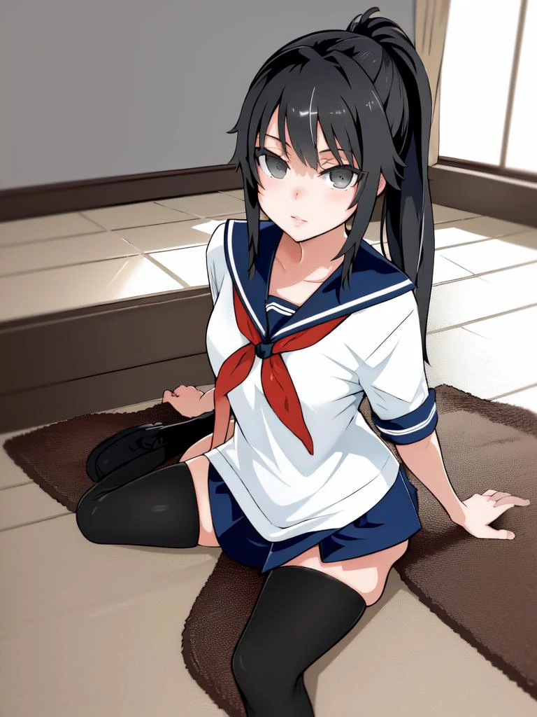 masterpiece, best quality, perfect lighting, 1girl, solo, sit on floor, home interior background, looking at side, <lora:gotou hitori:1>,, 1girl, ayano, black_hair, grey_eyes, ponytail, school_uniform, thighhighs, <lora:AyanoV1:0.75>