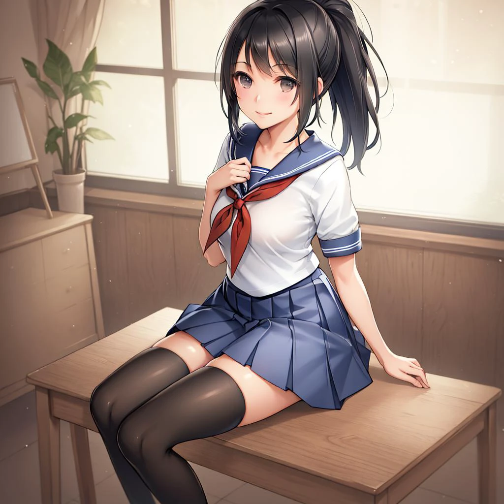 masterpiece, best quality, mature female, solo, 1girl, ayano, black_hair, grey_eyes, ponytail, school_uniform, thighhighs, looking at viewer, delicate, light smile, <lora:AyanoV1:0.6>, serafuku, blue sailor collar, white sailor shirt, red neckerchief, short sleeves, blue pleated skirt, black shoes, <lora:SilvermoonMix01V1.1:0.5>, delicate, ethereal, beautiful<lora:Heart_Shaped_Cleavage:0>