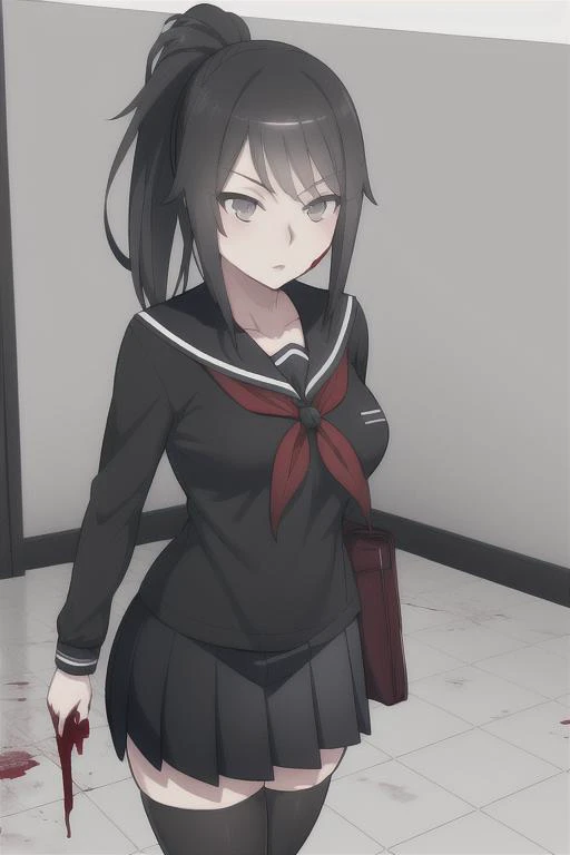 <lora:AyanoV1:.75>, 1girl, ayano, black_hair, grey_eyes, ponytail, school_uniform, thighhighs, indoors, blood, blood_stain,