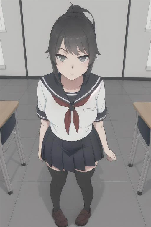 <lora:AyanoV1:.75>, 1girl, ayano, black_hair, grey_eyes, ponytail, school_uniform, shoes, thighhighs, indoors, classroom