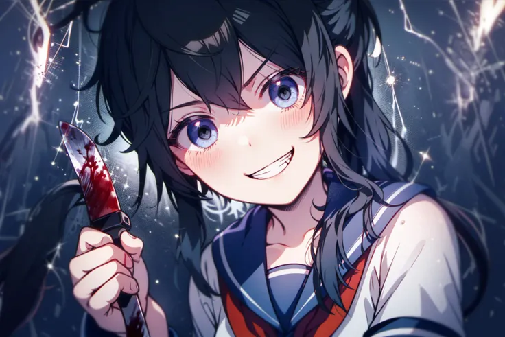 masterpiece, best quality, 1girl, <lora:ayano:0.75>, ayano,
high ponytail, black hair, black eyes, school uniform, serafuku, blue sailor collar, white sailor shirt, red neckerchief, short sleeves, blue pleated skirt, black thighhighs, black shoes,
blood, blood on face, blood on clothes, bloody face, bloody clothes, blood on hands, blood splatter, blood on weapon, blood stain,
evil smile, evil grin, grin, holding knife, smile, smirk,
lightning, night, rain, storm, wet,