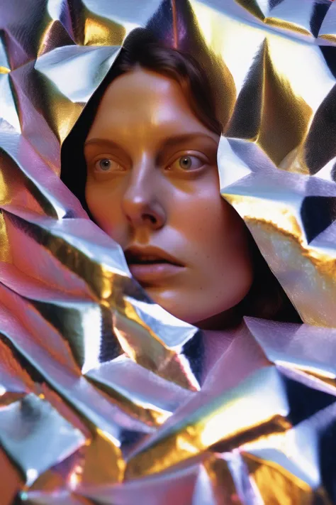 <lora:Made Of Iridescent Foil:1>Made Of Iridescent Foil - close up portrait shot of the woman is covered in silver tile, in the style of surreal collage landscapes, doug aitken, bronzino, lewis morley, net art, ricoh gr iii, mosaic-like, in the style of fluorescent colors, color field explorations, color - blocking, unicorncore