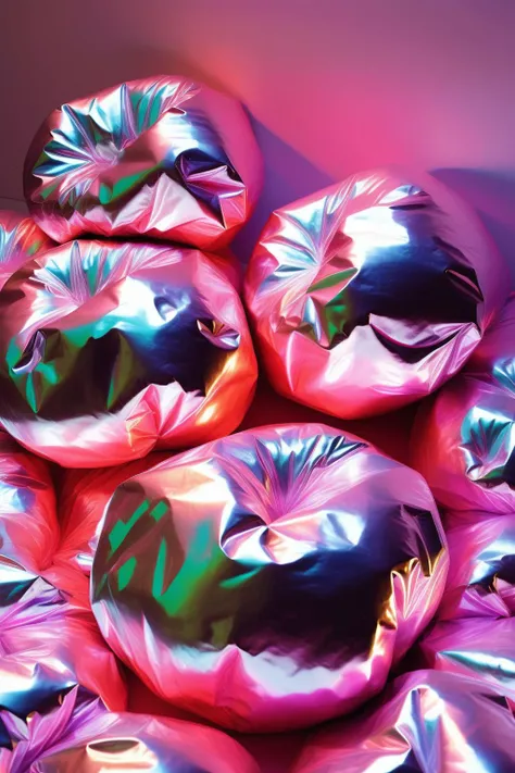 <lora:Made Of Iridescent Foil:1>Made Of Iridescent Foil - plastic puddings with cling foil. in the style of pipilotti rist