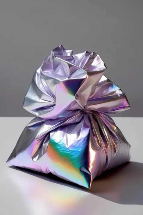 <lora:Made Of Iridescent Foil:1>Made Of Iridescent Foil - perfume wrapped like a christo sculpture in iridescent silver paper