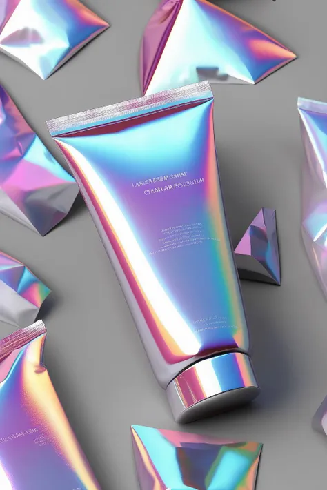 <lora:Made Of Iridescent Foil:1>Made Of Iridescent Foil - minimal body cream sunscreen covered in a holographic effect sleeve material insert outside in a rock