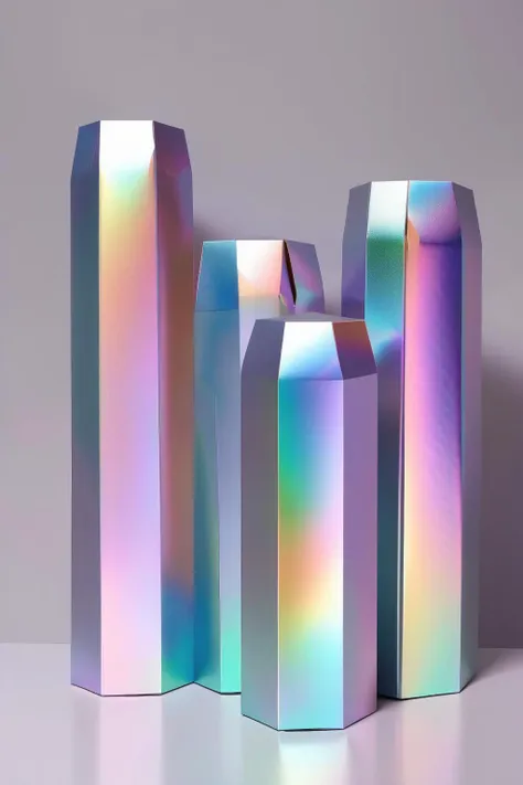 <lora:Made Of Iridescent Foil:1>Made Of Iridescent Foil - a gift packaging with hexagonal column shape, the packaging is using iridescent holographic material