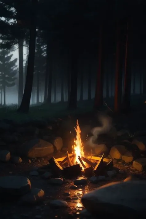 Campfire, (luminescence:0.1), smoke from fire, water, racking morning light, misty rain, documentary movie shot, ((macro)) sharp focus