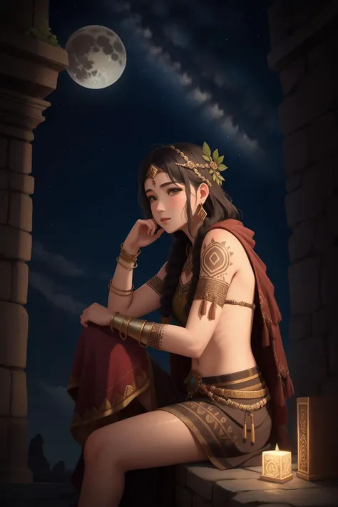 A nomadic storyteller with intricately marked skin adorned by symbols of ancient tales, sitting amidst the ruins of an old civilization, recounting stories of lost lore under the moonlit sky. (((marked skin))) (((ancient symbols))) (((ruins))) (((lost lore))).