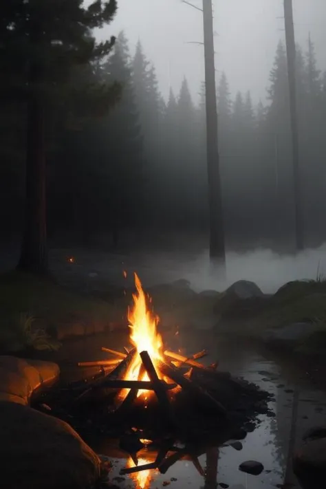 Campfire, (luminescence:0.1), smoke from fire, water, racking morning light, misty rain, documentary movie shot, ((macro)) sharp focus