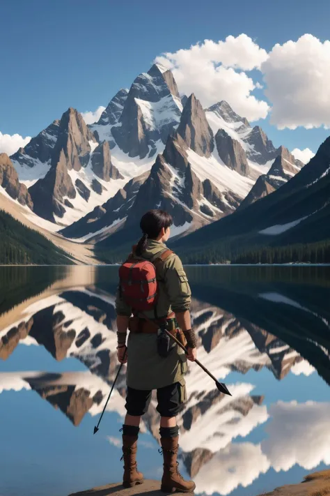 A fierce hunter with weathered, scar-covered skin, each mark telling a story of survival in the untamed wilderness, standing against a backdrop of towering mountains and a serene, reflective lake. (((scar-covered skin))) (((wilderness survival))) (((towering mountains))) (((reflective lake))).