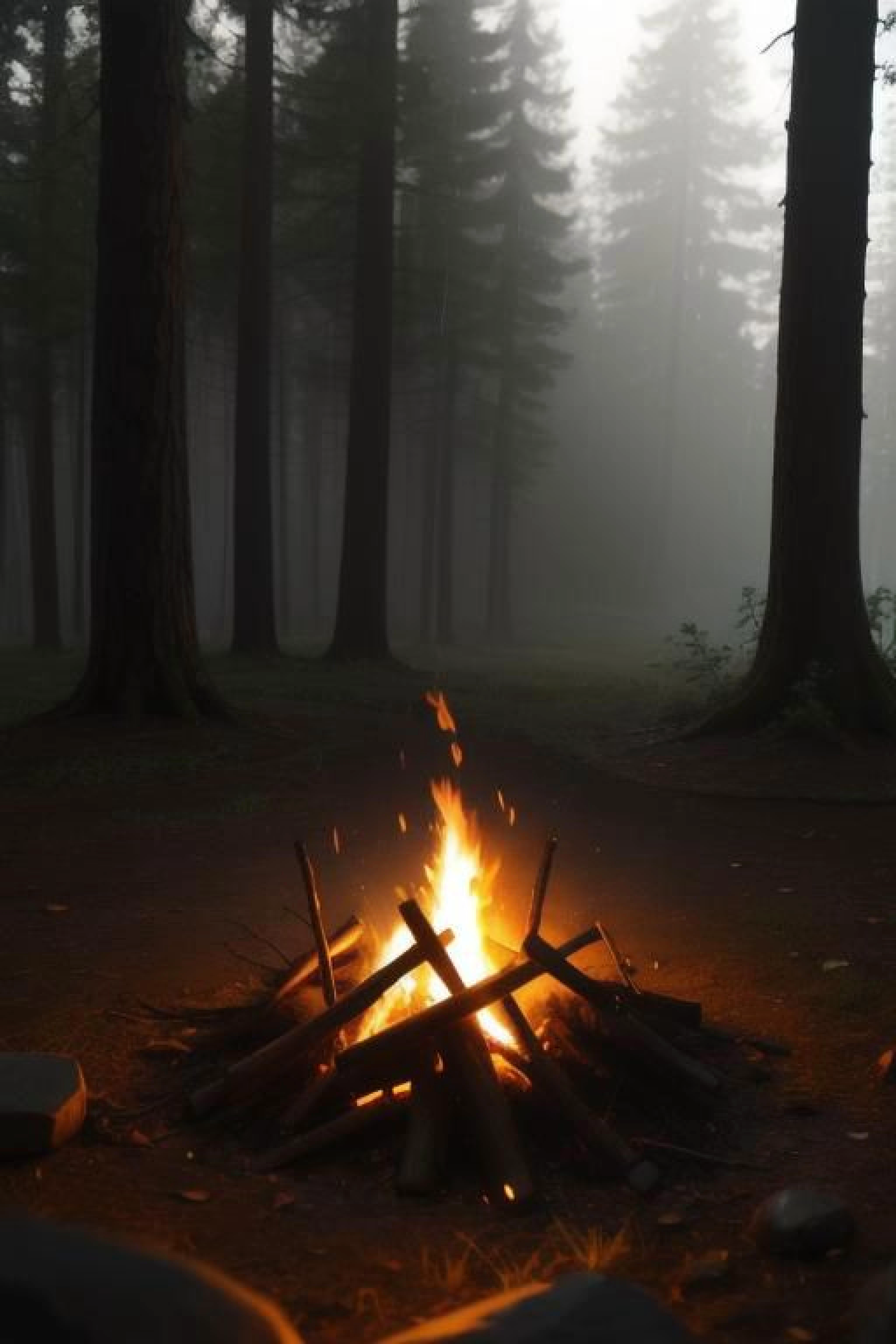 Campfire, (luminescence:0.1), racking morning light, misty rain, documentary movie shot, ((macro)) sharp focus