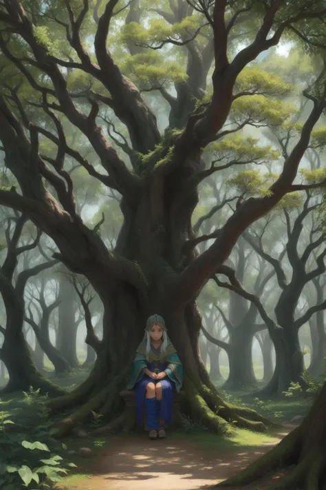 An aged sage with deeply etched, weather-beaten skin marked by mystic symbols, seated beneath an ancient tree within a mystical grove, the enigmatic markings hinting at forgotten wisdom. (((weather-beaten skin))) (((mystic symbols))) (((ancient tree))) (((mystical grove))).