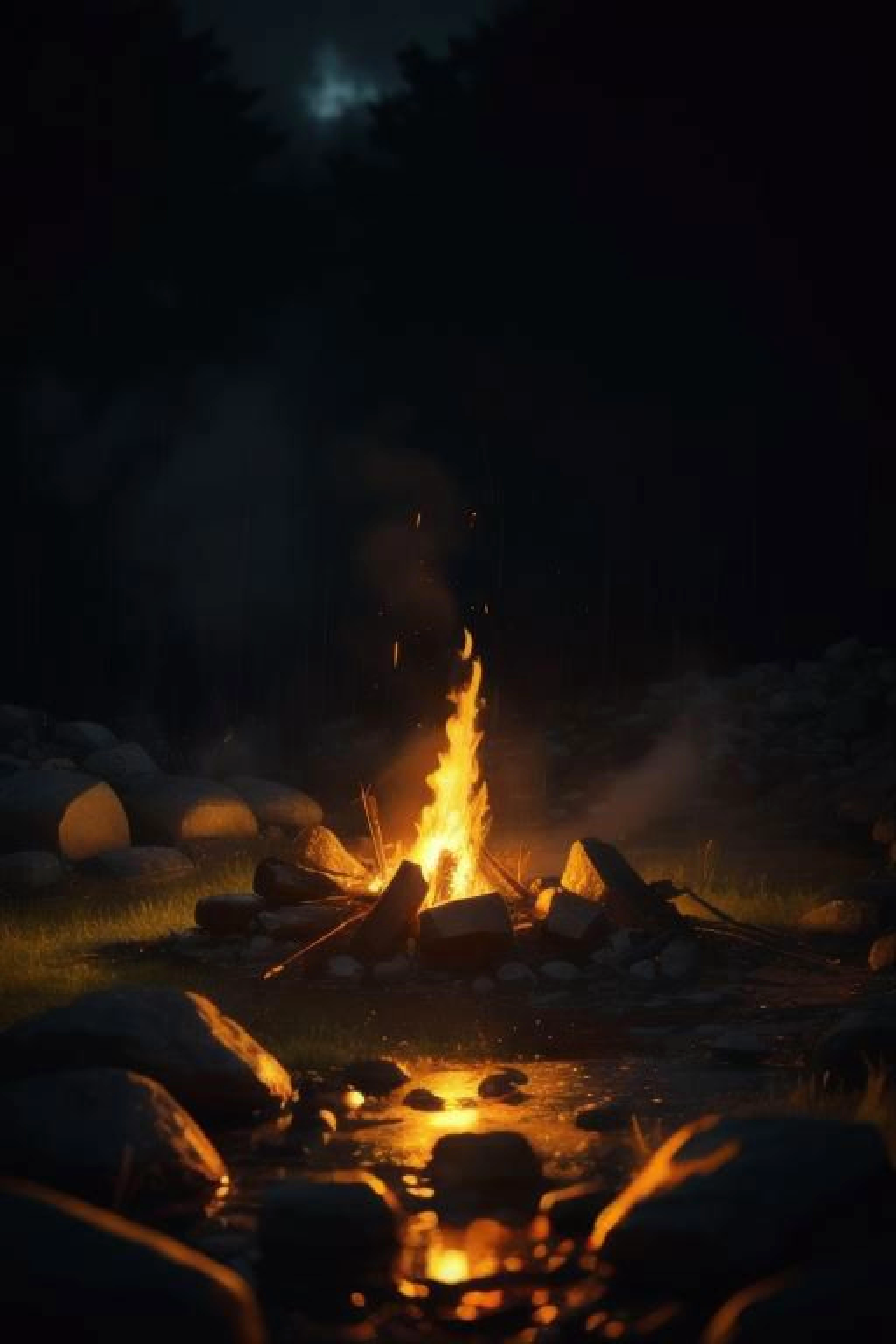 Campfire, (luminescence:0.1), smoke from fire, water, racking morning light, misty rain, documentary movie shot, ((macro)) sharp focus