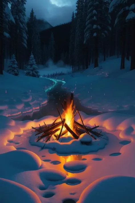 Campfire, (luminescence:0.1), water from fire, Dark, night, heavy snow, racking fire, misty rain, documentary movie shot, ((macro)) sharp focus