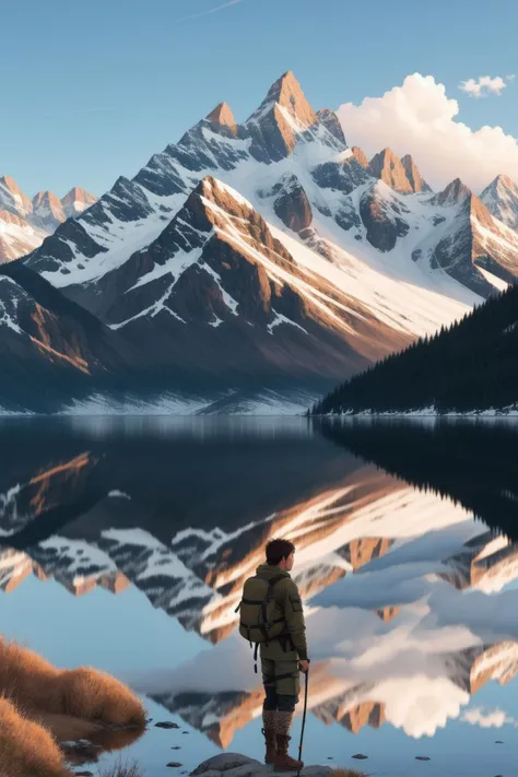 A fierce hunter with weathered, scar-covered skin, each mark telling a story of survival in the untamed wilderness, standing against a backdrop of towering mountains and a serene, reflective lake. (((scar-covered skin))) (((wilderness survival))) (((towering mountains))) (((reflective lake))).