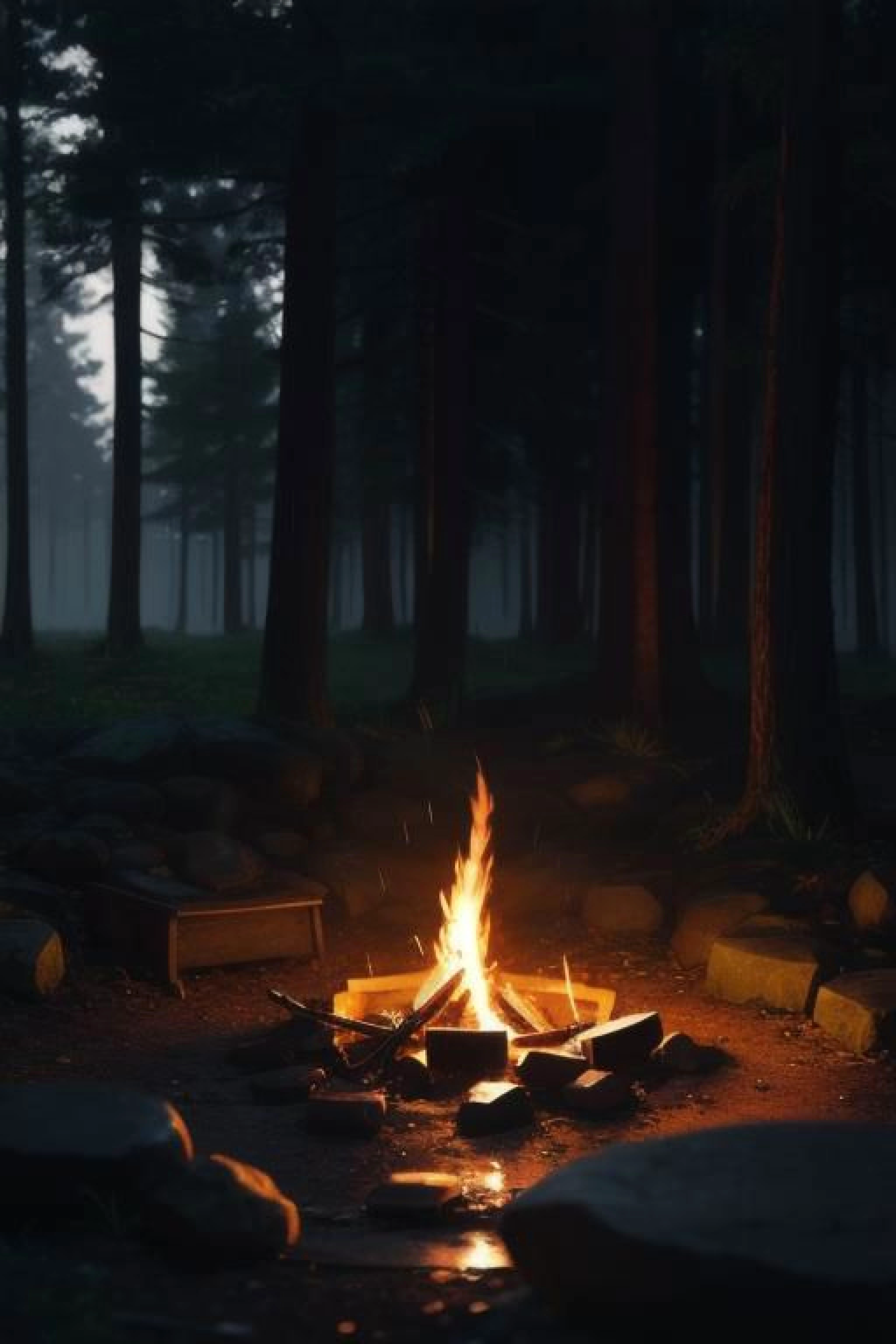 Campfire, (luminescence:0.1), racking morning light, misty rain, documentary movie shot, ((macro)) sharp focus
