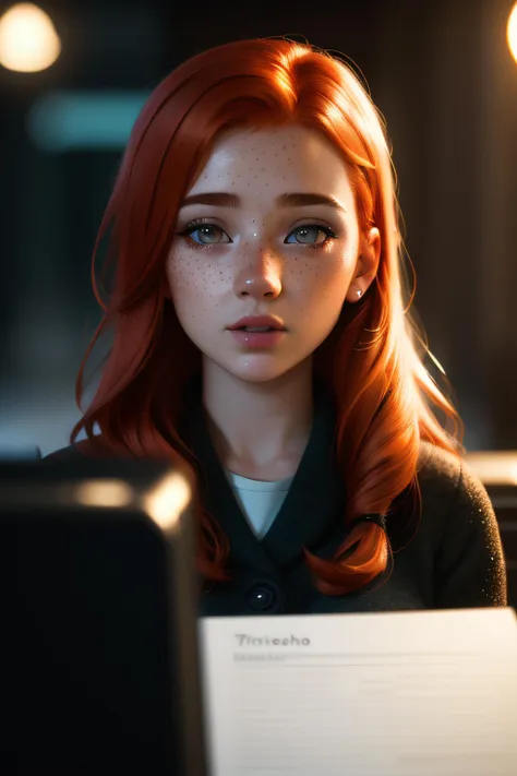 cinematic photo (art by Mathias Goeritz:0.9) , photograph, Lush Girlfriend, Tax collector, Rich ginger hair, Winter, tilt shift, Horror, specular lighting, film grain,(cinematic still:1.2), (freckles), professional, 4k, highly detailed