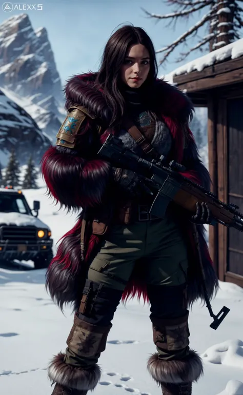 a woman in a fur coat holding a rifle, concept art by senior character artist, cgsociety, antipodeans, cgsociety 9, loba andrade from apex legends, alita battle angel