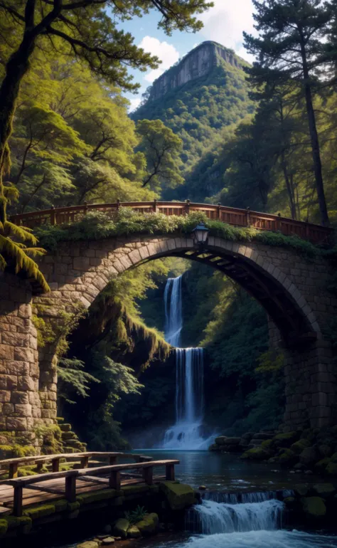 a waterfall in the forest with a bridge over it, a matte painting by Michael James Smith, shutterstock contest winner, magic realism, beautiful stunning waterfall, peaceful beautiful waterfall, stunning waterfall