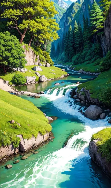 (dynamic camera),photo RAW,(Bob Ross paints mountains, a small river that originates from a cave flows at the bottom of the mountains, a small shack sits by the river, spring time, man fishing on the river), masterpiece, award winning photography, lighting, perfect composition, high detail, hyper realistic,dramatic lighting, epic, (composition centering, conceptual photography)
