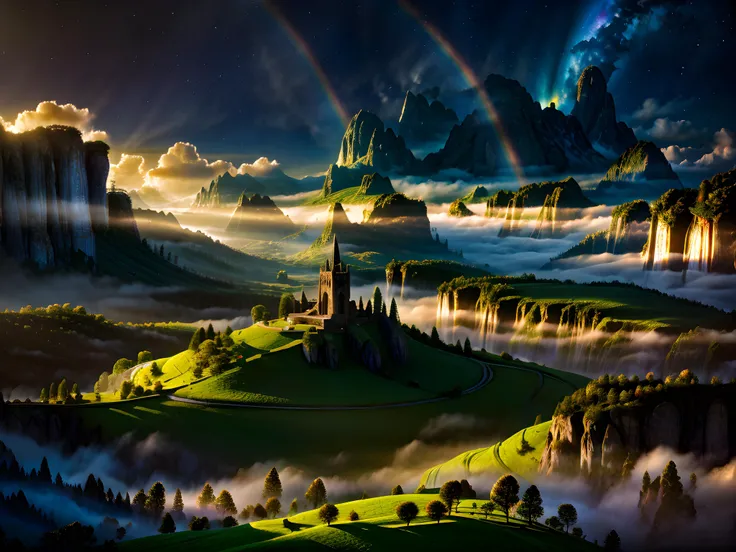 fantasy, rainbow valley, (elven village)++, hyperrealistic, beautiful, 32k, uhd, 16k+, 64K, best quality, masterpiece, very beautiful, perfectionism, max detail, soft shadows, expressive, perfect, intricate details, sharp focus, ultra detailed, cinematic, movie still, celestial, crystalline, volumetric lighting, caustics, absurdres, natural wonder, expressive, nice looking, dramatic, atmospheric, HDR, amazing detail, Otherworldly, dreamy, aesthetic, ethereal, ultra high resolution, Sunlight, Crepuscular rays, Techniscope, creationmagic, ethereal creation, particles stream <lora:nlc_blue:0.75><lora:CreationMagic-21:0.25><lora:Ghibli_v4:0.5>