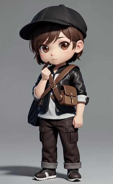 masterpiece, best quality, 8k, official art, cinematic light, ultra high res, (boy:1.2), , solo, bag, brown eyes, hat, brown hair, full body, standing, short hair, grey background, 3d, octane render, (Chibi:1.2) (style)