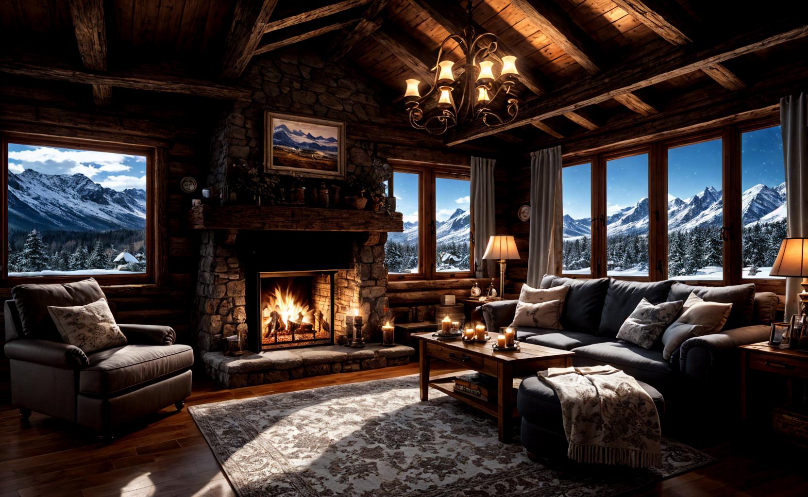 Arafed living room with a fireplace and a couch and chairs - SeaArt AI