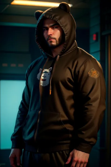 a man in a black hoodie, bearbrick, lozhkin, black bear samurai, portrait of anthropomorphic bear, half robot half bear, siberia, robust stocky body, teddy fresh, giant bear human hybrid, kodachromatic, rokoko, anthropomorphic samurai bear, text : roborock, dressed black hoodie, half bear, lightroom, natural, perfect, [oliver wetter|(kodak portra:0.08)|(leibovitz:0.6)], raw, intricate, high quality, mamiya, exposure blend, ((((cinematic look)))), soothing tones, insane details, intricate details, hyperdetailed, low contrast, soft cinematic light, dim colors, exposure blend, hdr, faded, slate gray atmosphere