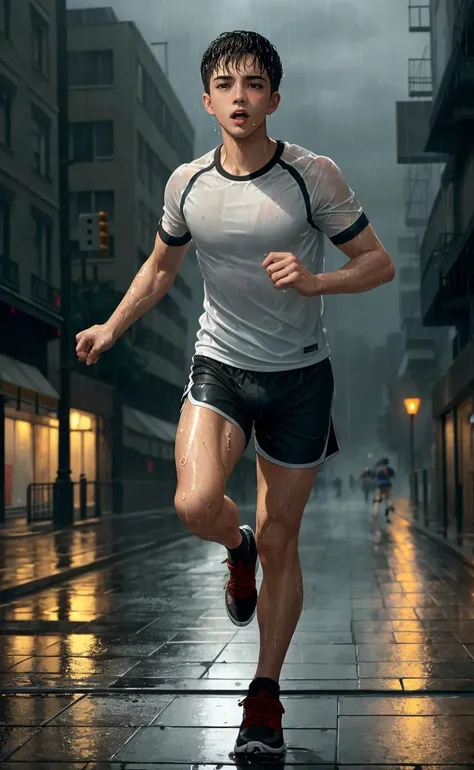 masterpiece, best quality, 1boy, athletic twunk, running on sidewalk, sport shorts, trainers, t-shirt, wet, wet clothes, rain, realistic, dramatic lighting, atmospheric, intricate detail, ((street background)),