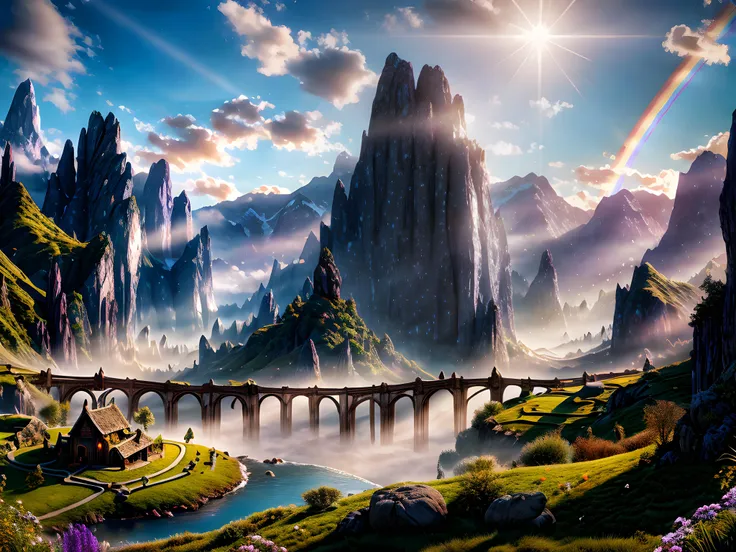 fantasy, rainbow valley, (elven village)++, hyperrealistic, beautiful, 32k, uhd, 16k+, 64K, best quality, masterpiece, very beautiful, perfectionism, max detail, soft shadows, expressive, perfect, intricate details, sharp focus, ultra detailed, cinematic, movie still, celestial, crystalline, volumetric lighting, caustics, absurdres, natural wonder, expressive, nice looking, dramatic, atmospheric, HDR, amazing detail, Otherworldly, dreamy, aesthetic, ethereal, ultra high resolution, Sunlight, Crepuscular rays, Techniscope, creationmagic, ethereal creation, particles stream <lora:nlc_blue:0.75><lora:CreationMagic-21:0.25><lora:Ghibli_v4:0.5>