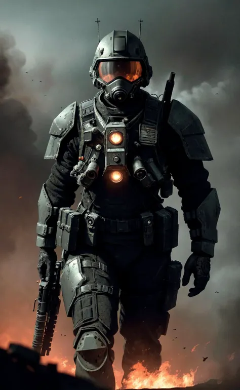 Create a cinematic, filmic image ((best quality)), ((masterpiece)), ((realistic)) of (((post nuclear landscape))). Show an army ranger and [full body] emerging from the thick smoke, fire, flat black painted power combat armor, facemask and helmet, guns and tanks, 24mm, 4k textures, soft cinematic light, adobe lightroom, photolab, hdr, intricate, elegant, highly detailed, sharp focus, ((((cinematic look)))), soothing tones, insane details, intricate details, hyperdetailed, low contrast, soft cinematic light, exposure blend, hdr, faded