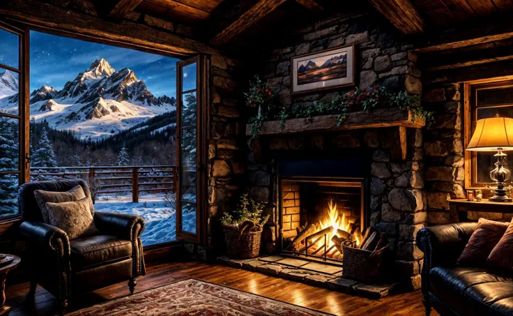 cozy cottage, fireplace, window, snow mountains in the background, Masterpiece realistic, best high quality, perfect details, intricate details, nice lighting, detailed background,