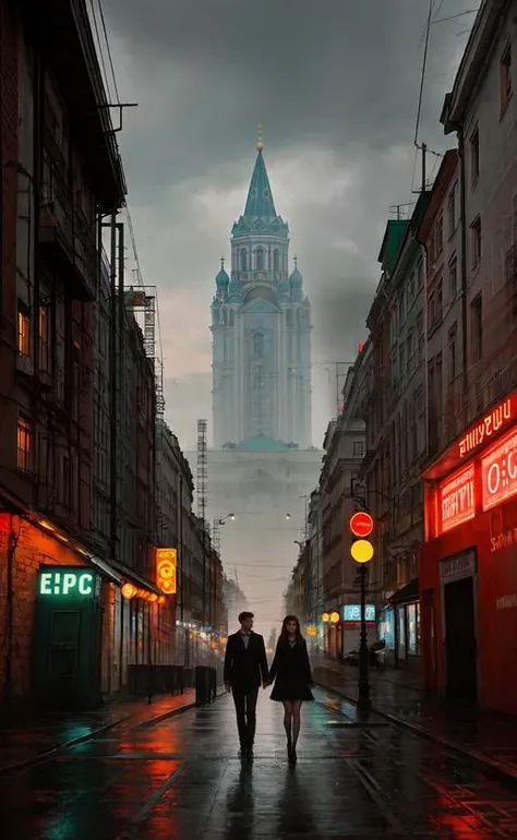 dark dirty soviet street, posters, an epic photo of a young beautiful couple in love, fullbody, 90s, Saint Petersburg, by Anna Dittmann, cloudy weather