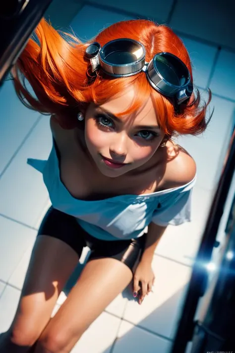 ospb, solo, (Glamour:1.3) Photograph of a radiant sensual 20-year-old Edward, (playmate:1.2), cute, (looking at viewer:1.2), (Seductive:1.2), orange hair, hourglass figure, tanned skin, realistic skin, midriff, smooth abs, Short white T-shirt, off shoulder, collarbone, (black bike shorts:1.1), (goggles on head:1.2), seductive pose, space station, engine room, (insanely detailed, beautiful detailed face, masterpiece, best quality) Studio lighting, deep shadows, dynamic composition, from above<lora:EDWARDCBBB-10:0.6> <lora:ospb:1>
